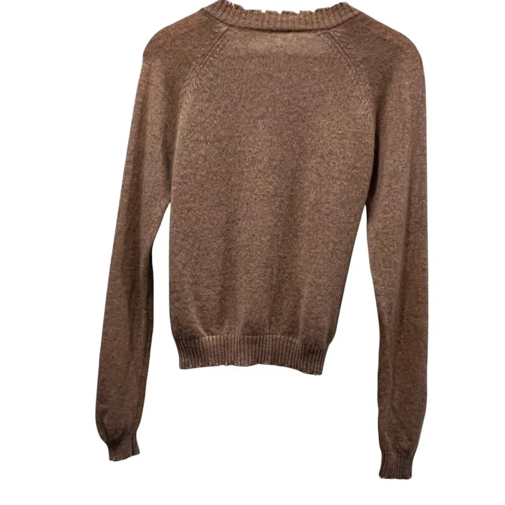 Minnie Rose Cashmere Frayed Edge V-Neck Sweater, Camel S